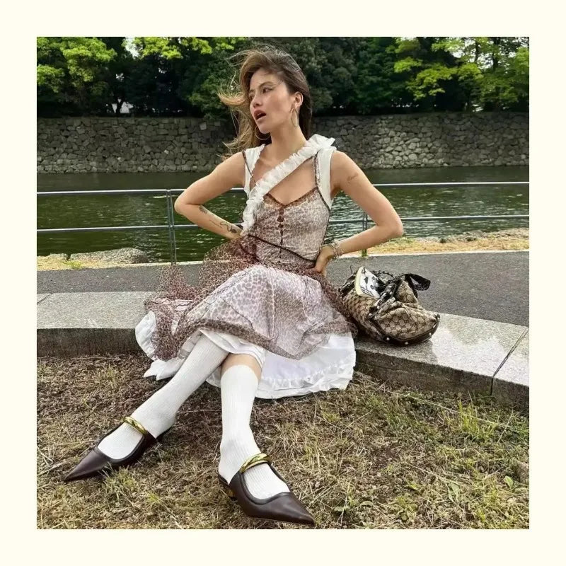 Chunky Pointed Toe Slippers Women Metal Buckle Retro Slides Female Comfy Fashion Low Heel Sandals Designer Mules Pumps Women