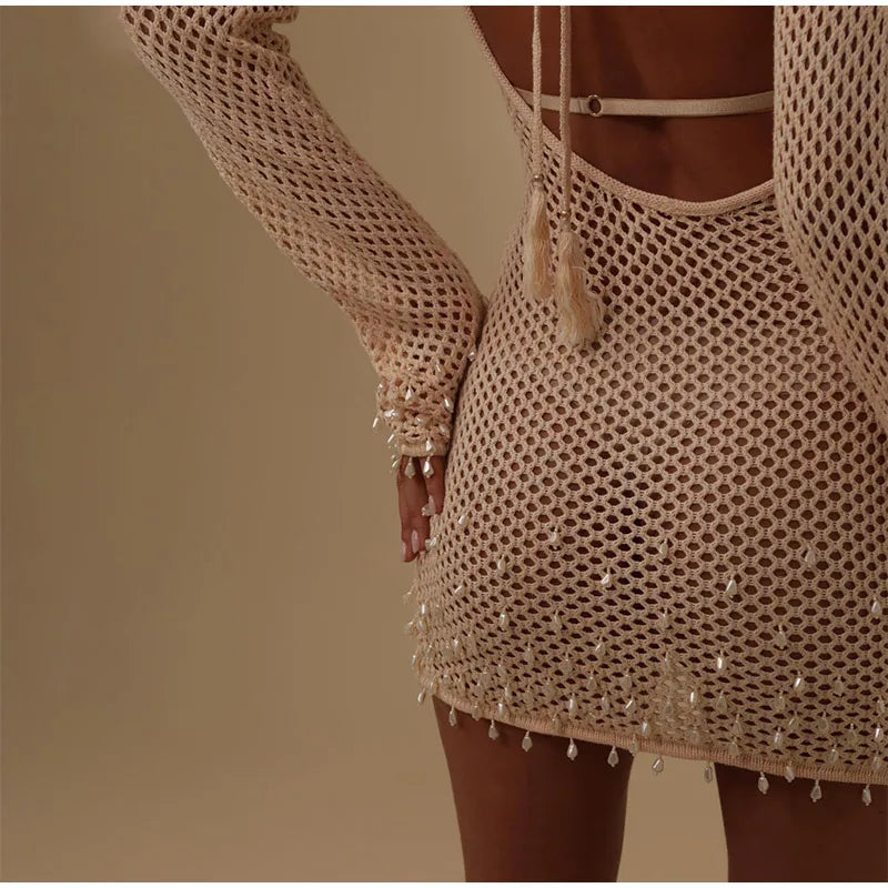 Sexy Knitted Hollow Out Pearl Mini Dress Women Elegant Knitted Backless Lace Up Beach Dresses Lady Spring Chic Party Holiday