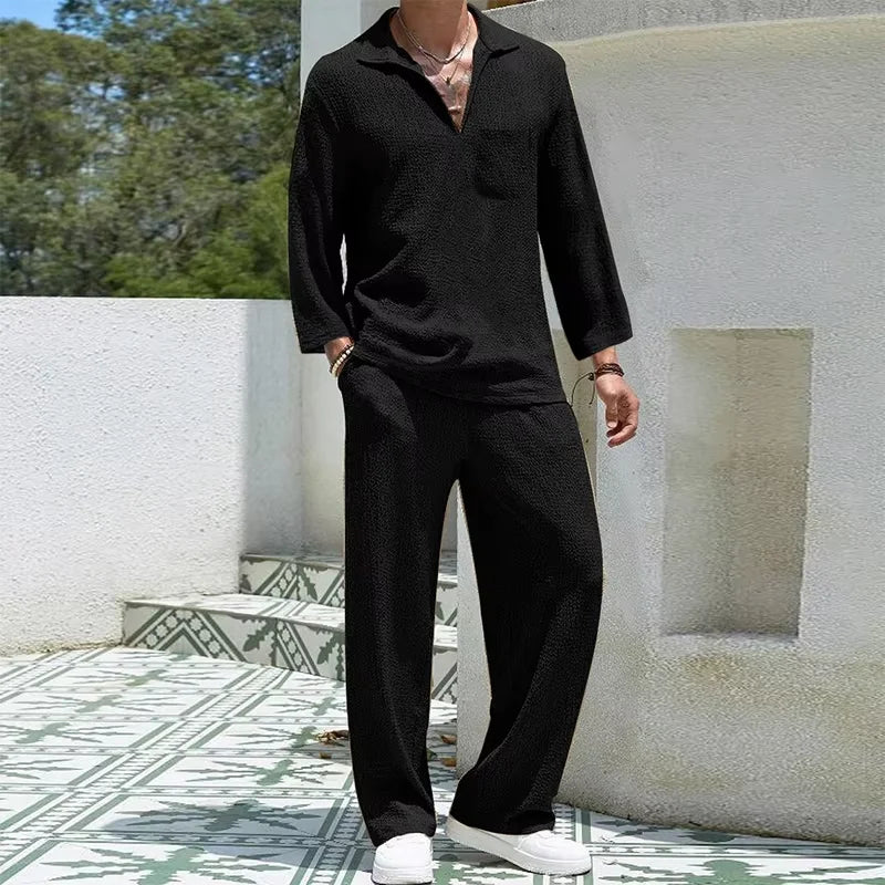 2024 Spring Summer Casual Cotton Shirts And Pants Suits Men Vintage Half Sleeve Irregular Cardigan Two Piece Sets Mens Outfits