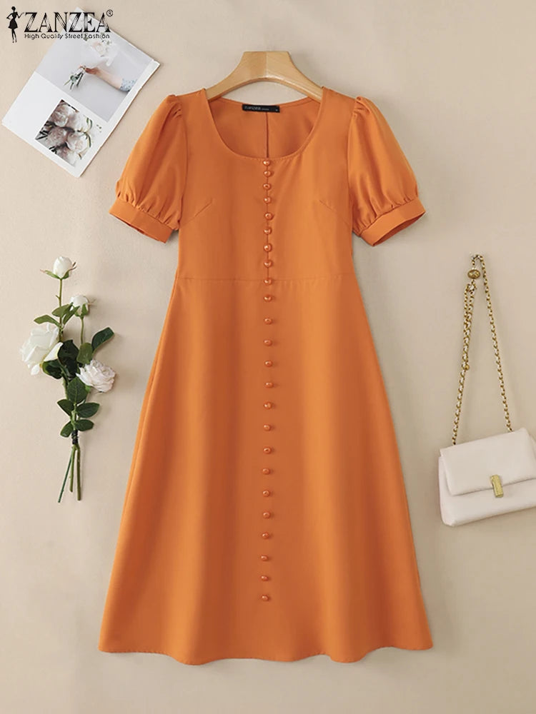 2025 ZANZEA Holiday Vestidos Women Summer Dress Fashion Elegant Square Neck Puff Sleeve Work Midi Dresses Stylish Party Sundress