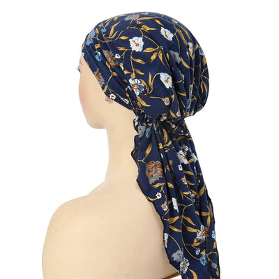 2024 New Women Pre-Tied Turban Cap Muslim Hijab Cancer Chemo Flower Print Hat Cover Hair Loss Head Scarf Wrap Strech Bandana