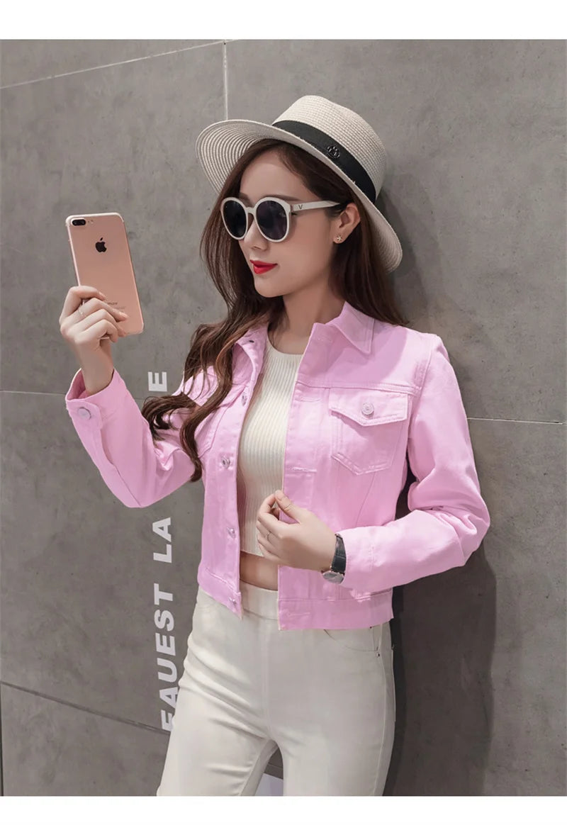 Spring Autumn Women Short Denim Jacket Candy 8 Colors Streetwear Chic Jean Coat Lady Slim Small Outerwear Female casual Tops