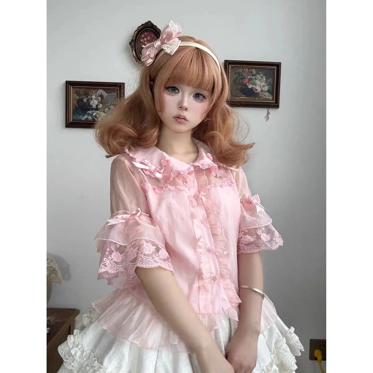 Lolita Shirt Women Preppy Style Sweet Blouses Cute Peter Pan Collar Lace Ruffle JK Shirts Girls Short Sleeve Blusas Chic
