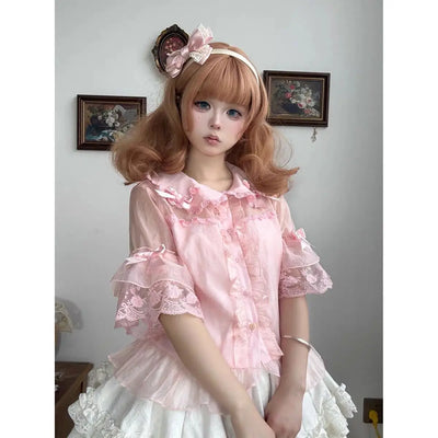 Lolita Shirt Women Preppy Style Sweet Blouses Cute Peter Pan Collar Lace Ruffle JK Shirts Girls Short Sleeve Blusas Chic