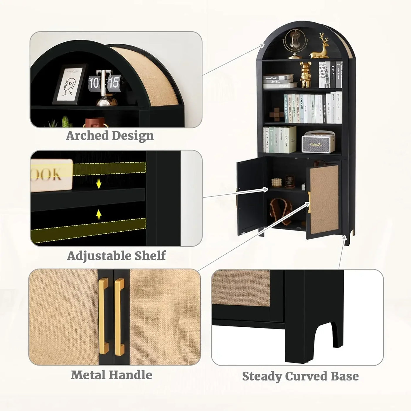 71" Tall Arched Bookcase with Storage, Modern 6-Tier Arched Cabinet with Door,Arched Bookshelf Cabinet with Open Display Storage