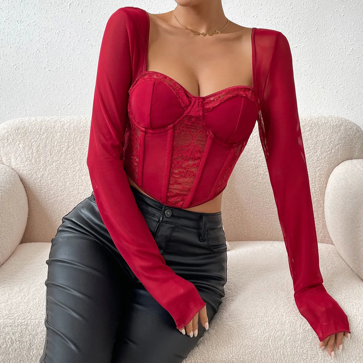 Sexy Lace Mesh Long sleeved Bustier Women's Y2k Corset Gauze Backless Slim Crop Top Square Neck Casual Tank Top T-shirt Camisole