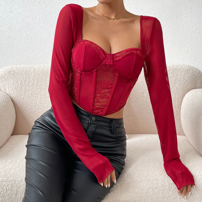 Sexy Lace Mesh Long sleeved Bustier Women's Y2k Corset Gauze Backless Slim Crop Top Square Neck Casual Tank Top T-shirt Camisole