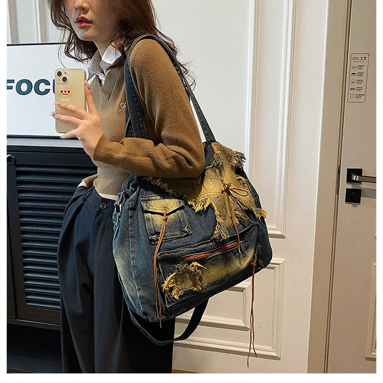 Denim Y2k Womens Shoulder Bag Vintage Washed Distressed Fashion female Messenger Bag Large Capacity ladies Handbag Sac totes