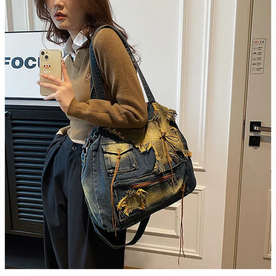 Denim Y2k Womens Shoulder Bag Vintage Washed Distressed Fashion female Messenger Bag Large Capacity ladies Handbag Sac totes