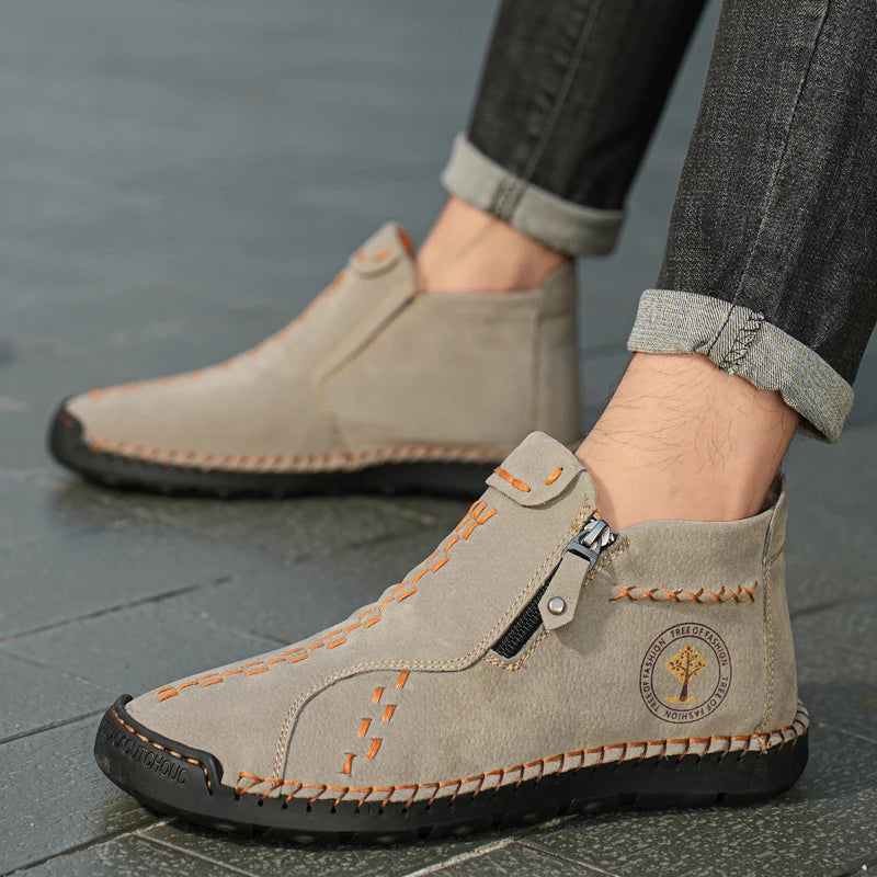 Handmade Leather Casual Shoes For Men Sneakers Men Flat Footwear Zipper Leather Boots Men Ankle Plus Size 39-48