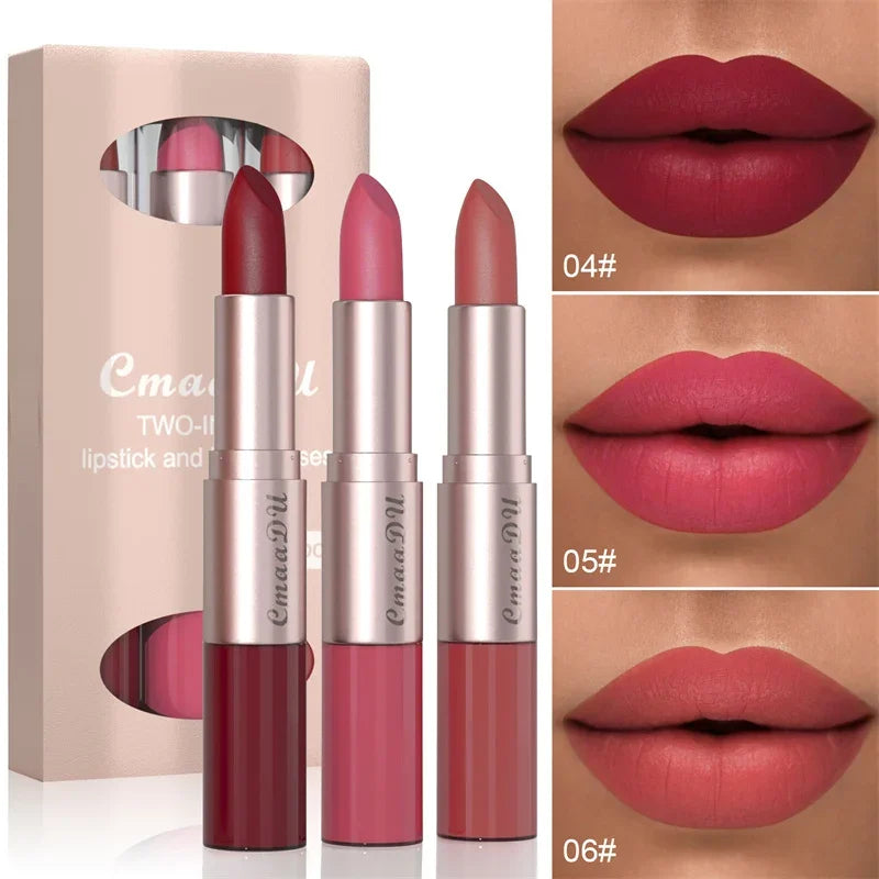 2 In 1 Double-ended Lipstick Lip Liner Pen Matte Pigment Non-stick Cup Skin Color 24H Lasting Waterproof Makeup Beauty Cosmetics