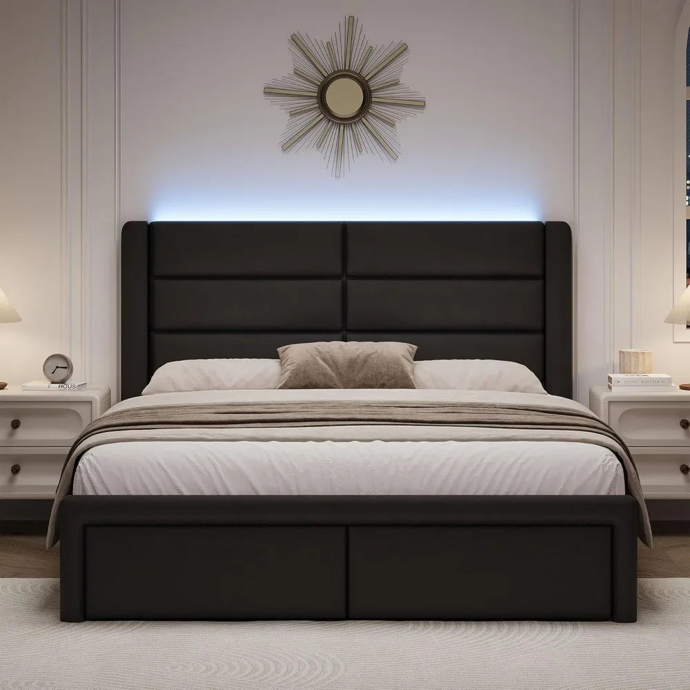Bed Frame with Headboard and LED Lights,Modern Faux Leather Bed Frame with Wooden Slats Support and Duty Mattress Foundation