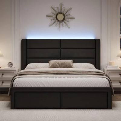 Bed Frame with Headboard and LED Lights,Modern Faux Leather Bed Frame with Wooden Slats Support and Duty Mattress Foundation