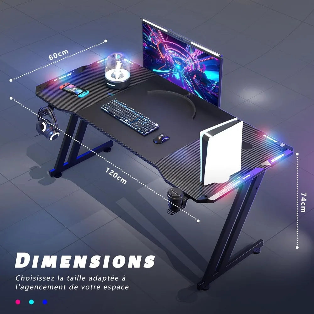 120 x 60 cm LED Gaming Desk, Large Gaming Desk with Carbon Fibre Tray, Ergonomic Computer Desk with Mouse Pad