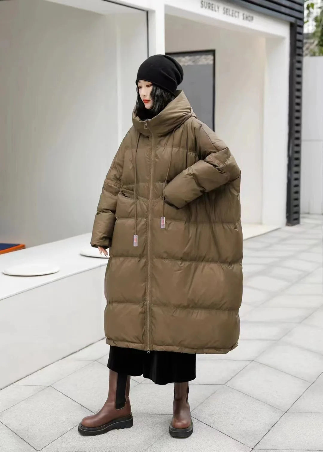 Winter Hooded Drawstring Loose Puffer Jacket Women Solid Oversize Casual Silhouette Long White Duck Down Warm Coat 2024 New Coat