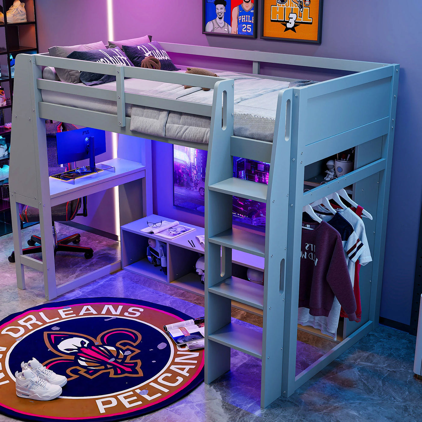 Full size bed frame Gaming Loft Bed with Desk, Multi-storage Shelves, LED and a Hanging Clothes Rack, Gray