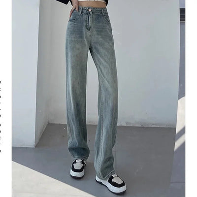Woman High Waist Stacked Straight Leg Jeans Female Gothic Loose Wide Leg Pants Girls Y2k Black Blue Light Blue Denim Trousers