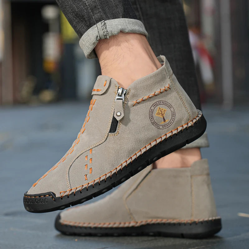 Handmade Leather Casual Shoes For Men Sneakers Men Flat Footwear Zipper Leather Boots Men Ankle Plus Size 39-48