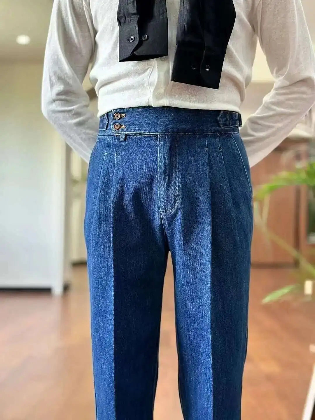 High Quality Double Pleated Jeans Straight Leg Pant Naples Straight Tube Loose Washed High Grade Business Pant Men Dress Trouser