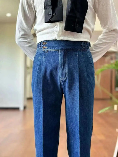 High Quality Double Pleated Jeans Straight Leg Pant Naples Straight Tube Loose Washed High Grade Business Pant Men Dress Trouser
