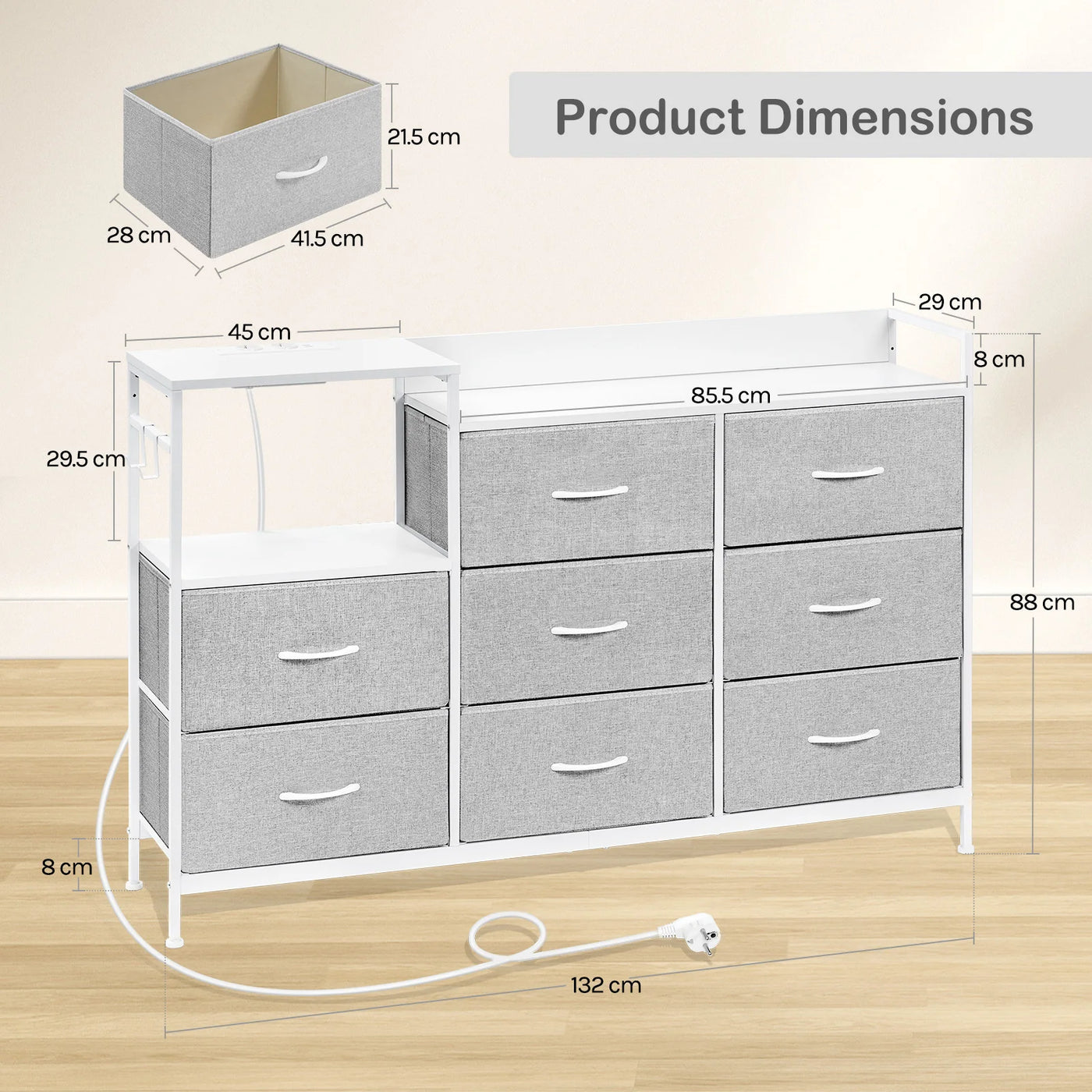 Chest of Drawers with 8 Fabric Drawer Sideboard Storage Cabinet for Kitchen Office with Charging Sockets Steel Frame 132x88x30cm