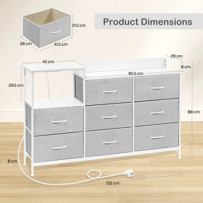Chest of Drawers with 8 Fabric Drawer Sideboard Storage Cabinet for Kitchen Office with Charging Sockets Steel Frame 132x88x30cm