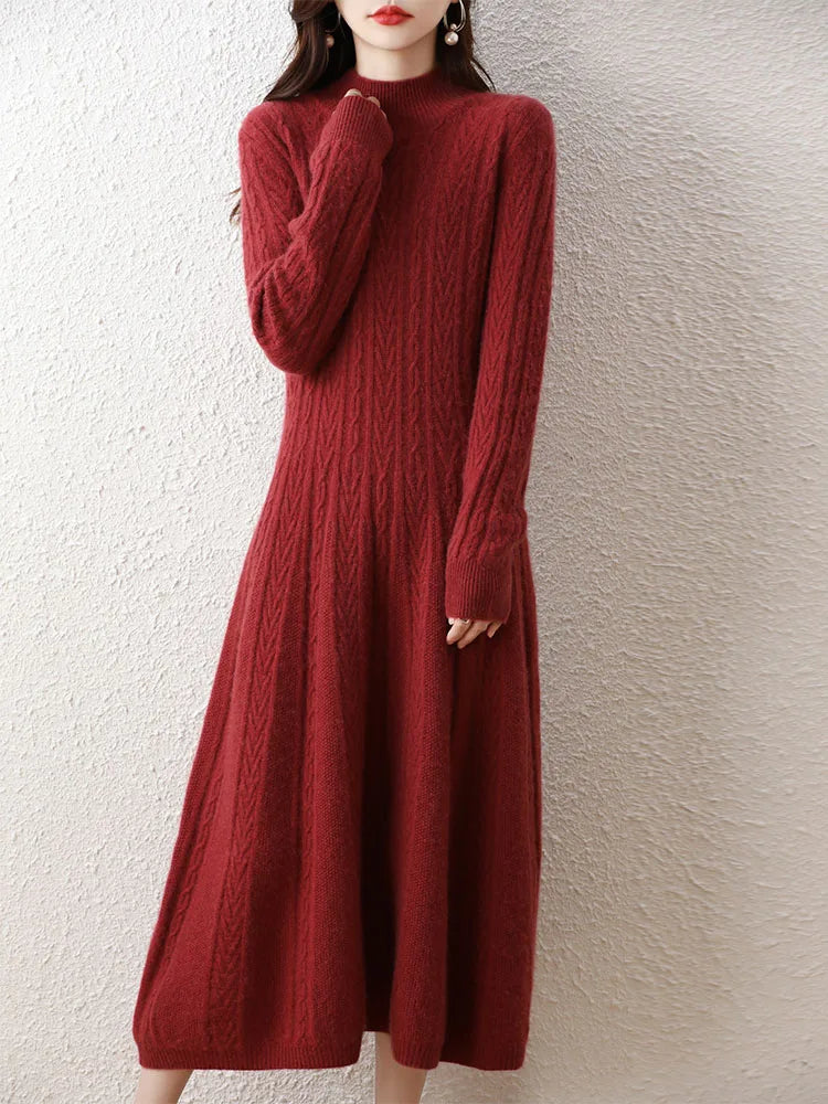 Elegant Fashion Dresses Cashmere Sweater Knitted Long Dress 100% Merino Wool Women Turtleneck Office Skirt Autumn Winter Clothes