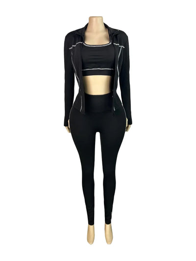 FLARORA Casual Sporty Three Piece Sets Woman Stripe Patchwork Sleeveless Vest+Jacket+Pant Outfits Female Yoga Fitness Tracksuits