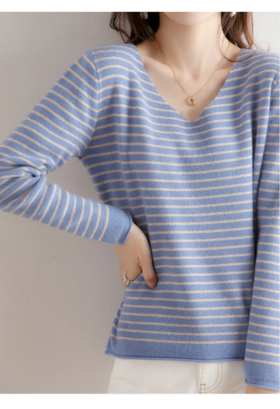 New Striped V-neck Sweater Women's All-Match Loose Sweater Fall Winter Fashion Bottoming Shirt Inner Wear Blouse