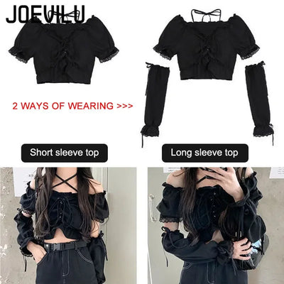 Women's Removable Sleeve T-shirt Drawstring Off Shoulder Crop Top Vintage Shirt Dark Style Harajuku Goth Tee Spring Y2k