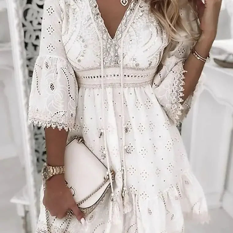 Women Elegant White Hollow Lace Mini Dress Summer V-neck Patchwork Lace Up Three Quarter Sleeve Ladies Vacation Beach Dresses