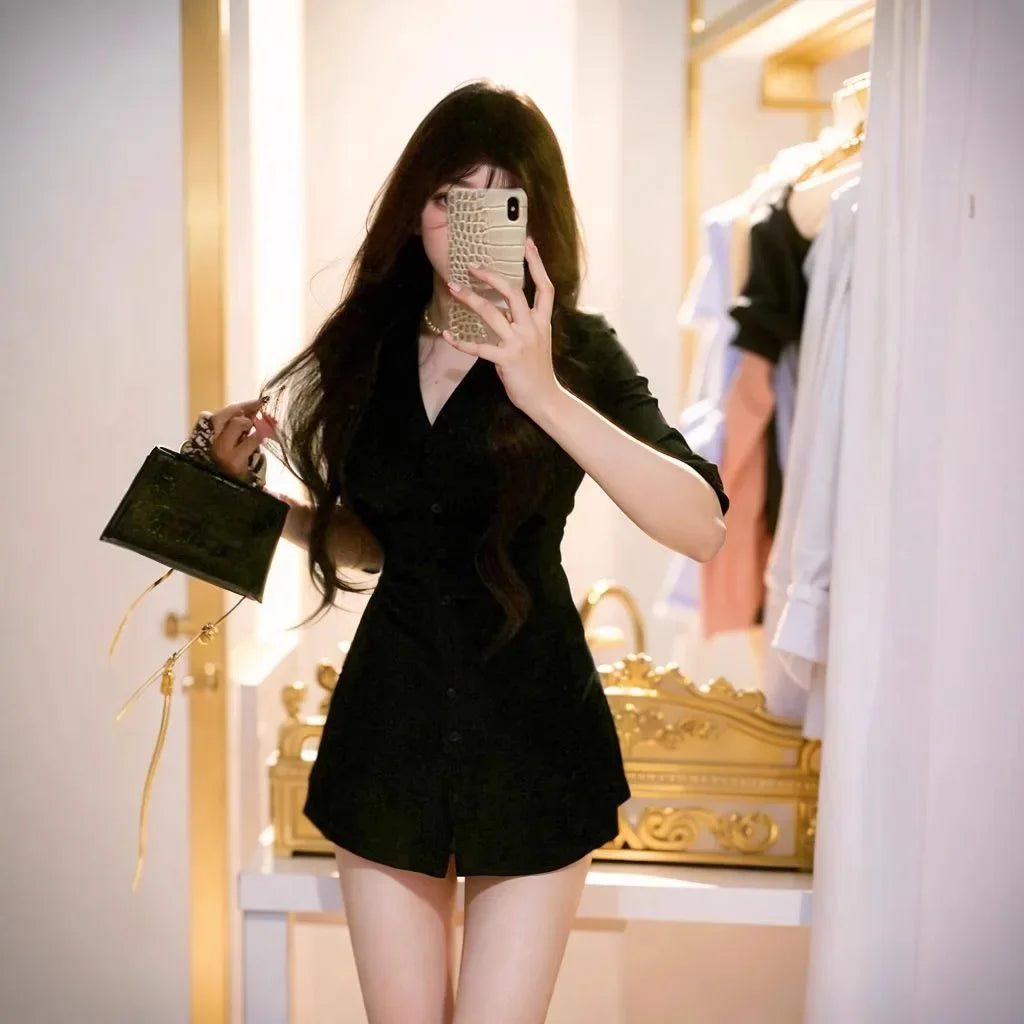 Korean Style Sexy Shirt Dress Women's Waist-Cinching Mini Dress Polo Collar Pleated Design Empire Waistline Fashionable Gown