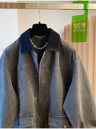 Contrasting Corduroy Spliced Denim Jacket for Women Mid Length Loose Coat Autumn Winter Pocket Outwear Versatile