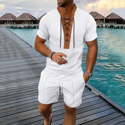 The 2025 men's new waffle checkered round-neck fashionable top, a two-piece casual suit with a rope short sleeve and shorts