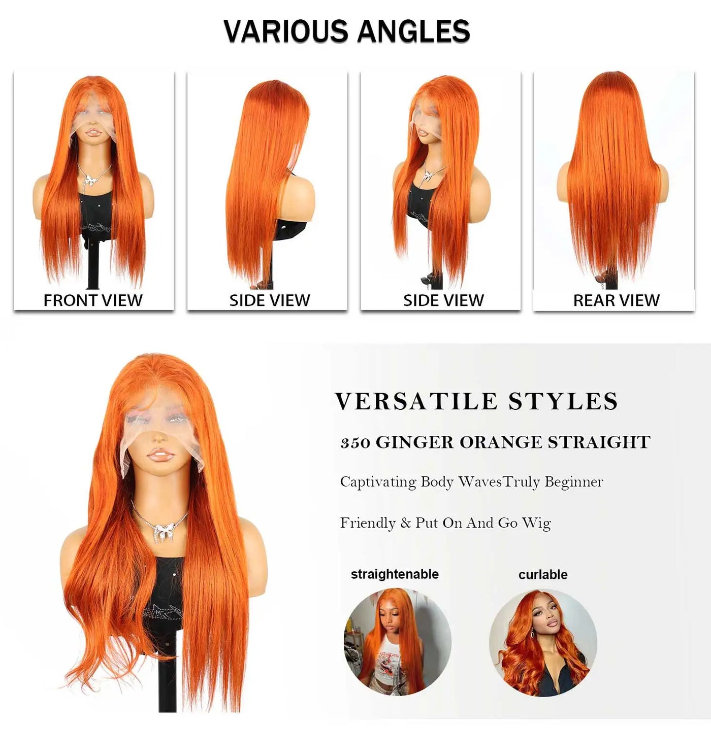 350 Ginger Orange 13x4 HD Lace Front Human Hair Wigs Brazilian Bone Straight Transparent Lace Frontal Wig Human Hair