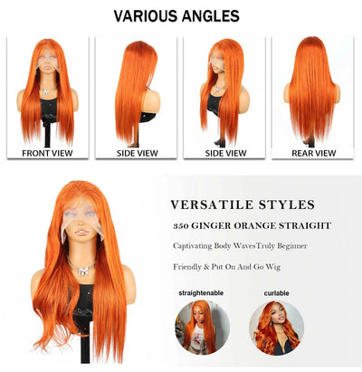 350 Ginger Orange 13x4 HD Lace Front Human Hair Wigs Brazilian Bone Straight Transparent Lace Frontal Wig Human Hair