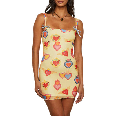 Women's Summer Bodycon Dress Sleeveless Square Neck Heart Print Mini Dress Tie Back Dress