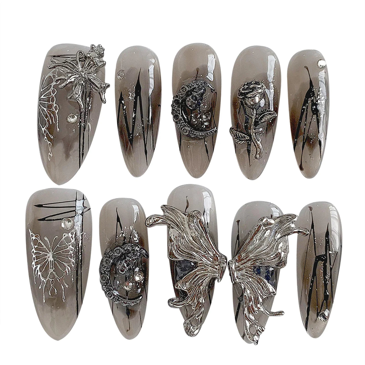 Wearable 3D Silver Butterfly False Nails With Metal Moon Decor Charming Gothic Fake Nails Y2k Press On Nail Long Almond Handmade