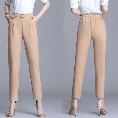 Elegant High Waist Elastic Harem Pants for Women Commuter Casual Capri Pants Fashion Solid Color Pockets Sashes Trousers 4XL