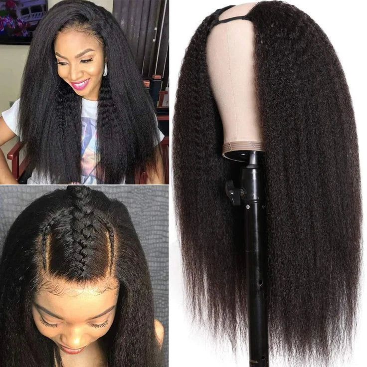 Kinky Straight 3 In 1 Half Wigs 100% Human Hair Brazilian Glueless Seamless Flip Over Yaki Straight V Part Wig Beginner Friendly