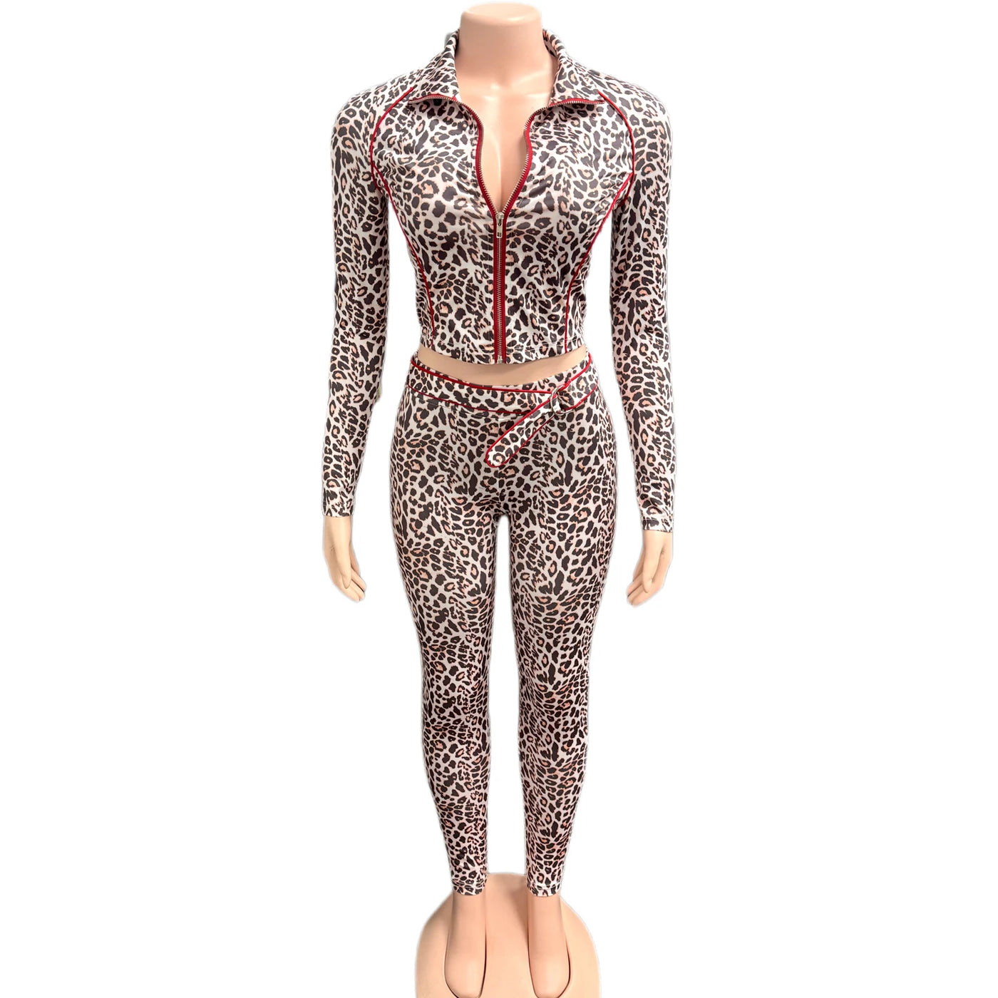 Weird Puss Leopard Print 2 Piece Set Women Tracksuit Casual Crop Jacket+Metal Sash Leggings Street Matching Club Stretch Outfits
