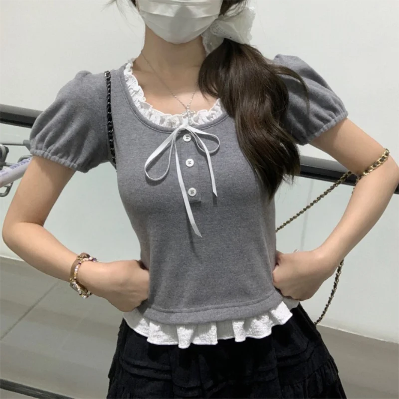 Pink Ruffle Edge Patchwork Short Sleeved T-shirt for Women Summer Cute Slim Two Pieces Girls Short Top Trendy