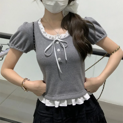 Pink Ruffle Edge Patchwork Short Sleeved T-shirt for Women Summer Cute Slim Two Pieces Girls Short Top Trendy