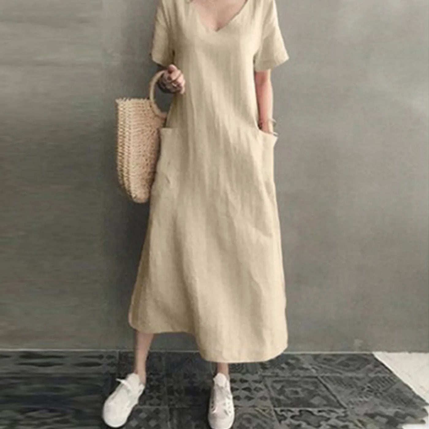 2024 Summer Dresses Qutfits Causal Dress Short Sleeved Cotton Linen V Neck Dress With Pocket Loose Comfy Dresses Vestidos