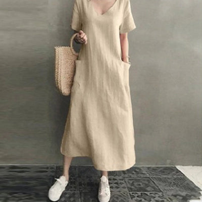 2024 Summer Dresses Qutfits Causal Dress Short Sleeved Cotton Linen V Neck Dress With Pocket Loose Comfy Dresses Vestidos