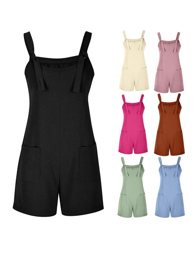 2025 Summer Women's Jumpsuit Overalls Short Loose Sleeveless Wide Leg Overall Solid Casual Romper with Pockets