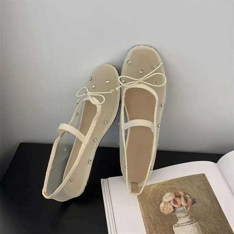 Fashion Women's Shoes 2025 Design Rhinestone Mesh Breathable Shallow Mouth Single Shoes Flat Ballet Elegant Bow Zapatos Mujer