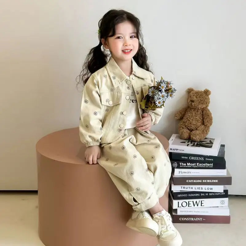 Girls Coat and Pants Two Piece Set 2025 Spring and Autumn New Korean Fashion Floral Casual Coat and Pants Two Piece Set Trend
