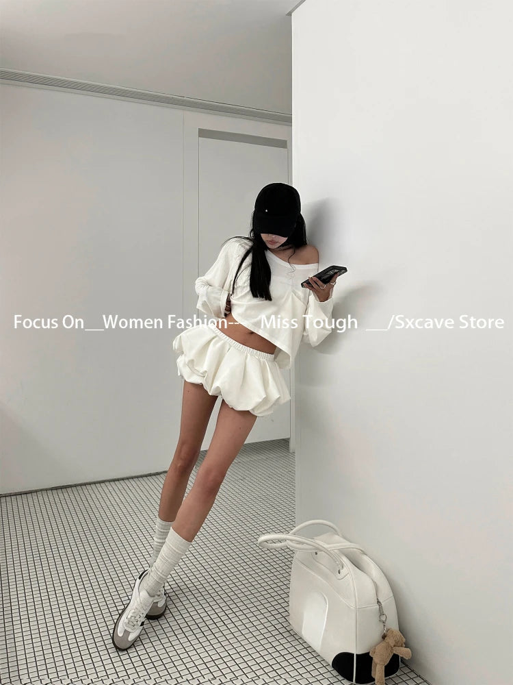 Woman Sweet Fashion Suit Casual Y2k Crop Tops +  A-line Mini Shorts Skirt Low Waist Slim Shorts Skirt Spicy Girls Streetwear Set