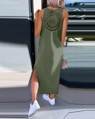 Hollow Out Solid Long Dress Women Fashion Sleeveless O-neck Maxi Dresses For Women 2024 Summer Women's Slim Split Vestidos Black
